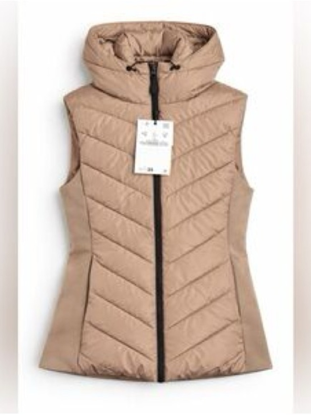 Zara Quilted Hooded Puffer Vest in Tan